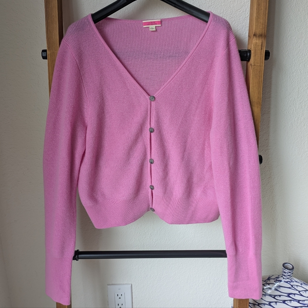J. Crew Women's Pink 100% Cashmere V-Neck Button-Up Cardigan - Size L